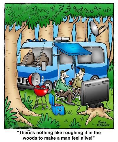 cartoon campers watching a big screen T.V.