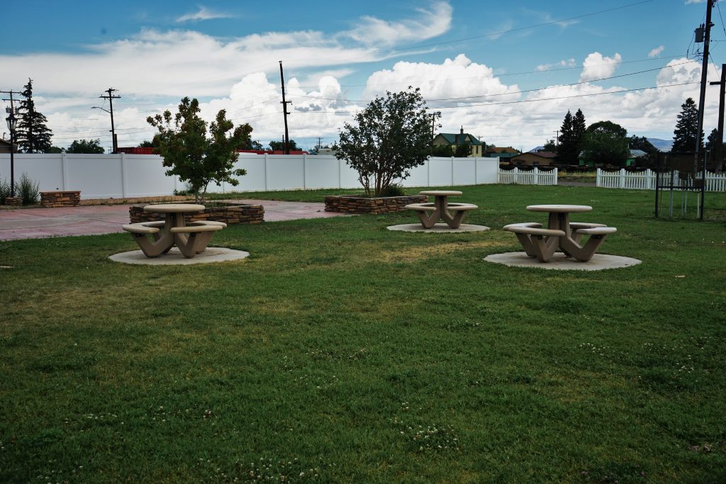 grassy area and picnic tables at small city park
