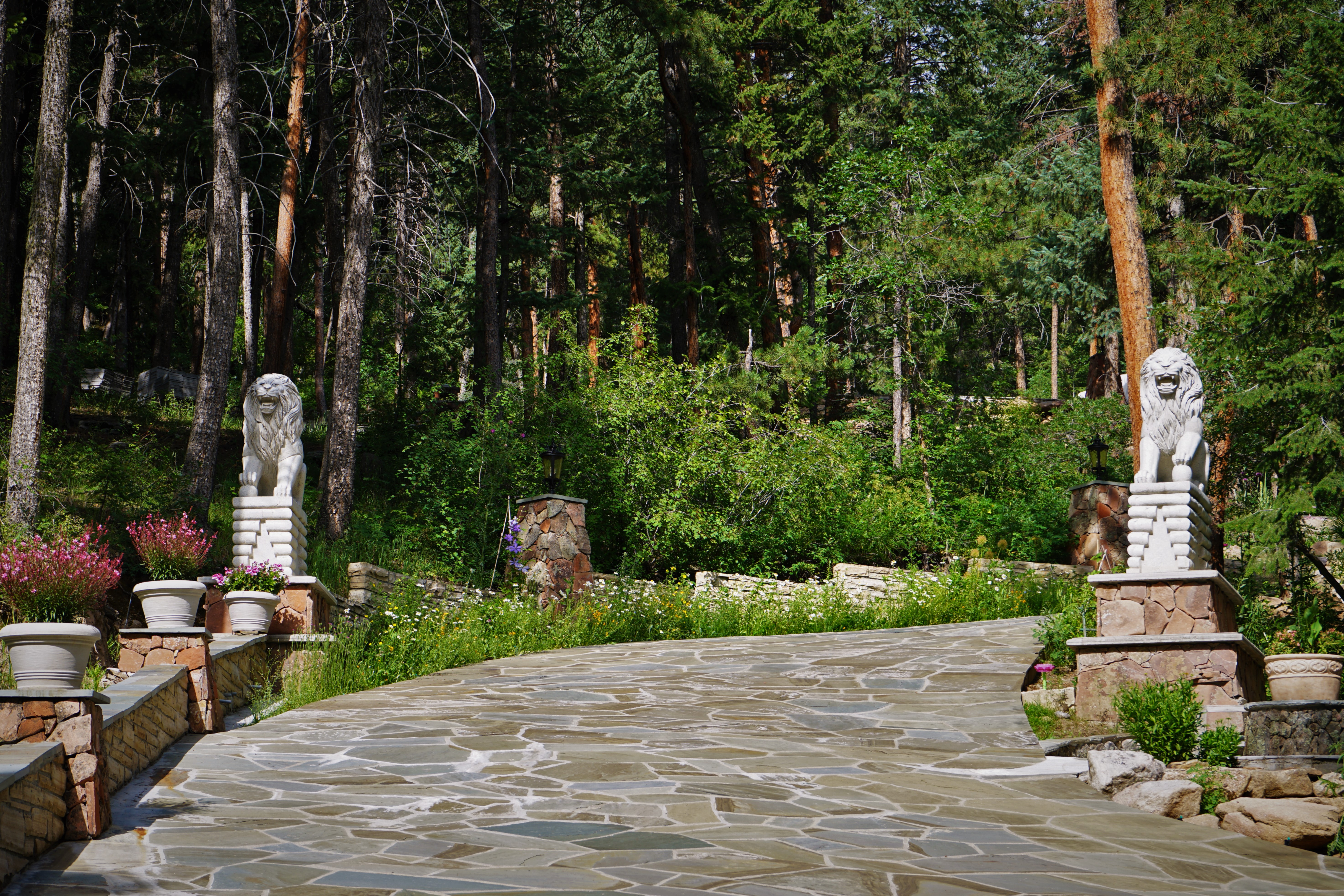 2 lion statues on pedestals along stone walkway
