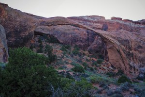 sandstone arch with green trees